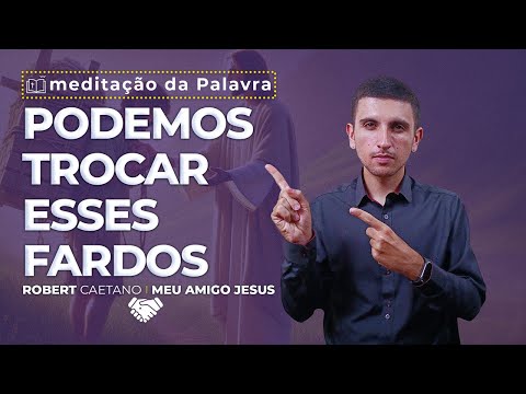 Trocando Nossos Fardos com Jesus: A Leveza da Obediência - A imagem dessa postagem é de um Jovem usando camisa social, preta ou marsala, num fundo de parede branca. E ele está gesticulando sobre a meditação com legendas aparecendo na imagem voltadas para a seguinte palavra-chave: "trocar os fardos com Jesus"